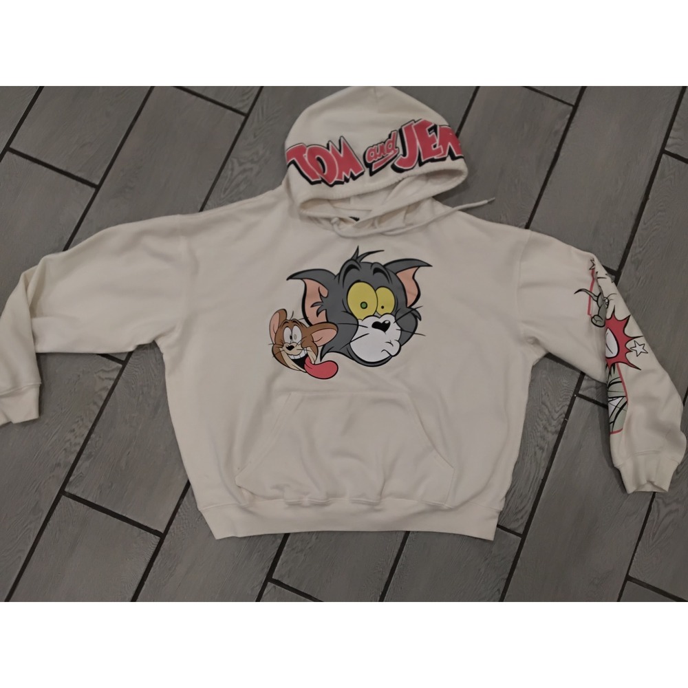 Tom and Jerry Graphic Hoodie Cream Off-White Cartoon‎ Sweatshirt XL RN71868